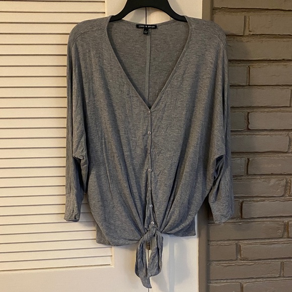 Cable & Gauge Tops - Cable & Gauge Light Gray Button-Up Tie Front Blouse